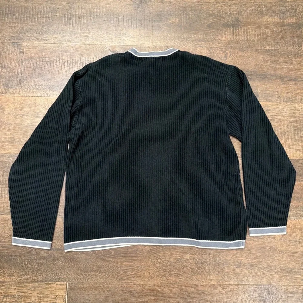 Banana Republic Mens V-Neck Ribbed Cotton Sweater Black Grey Tipping Large